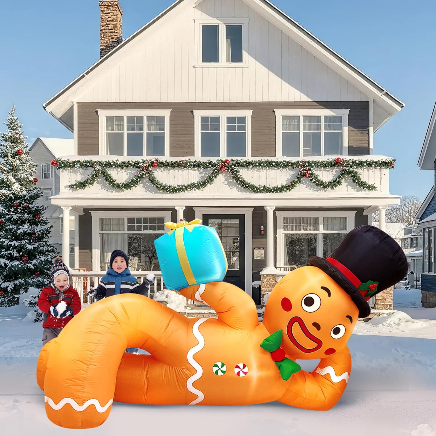 10Ft Christmas Inflatable Outdoor Decoration, Lying Gingerbread Inflatable Blow Up Yard Decorations With Leds, Giant Gin