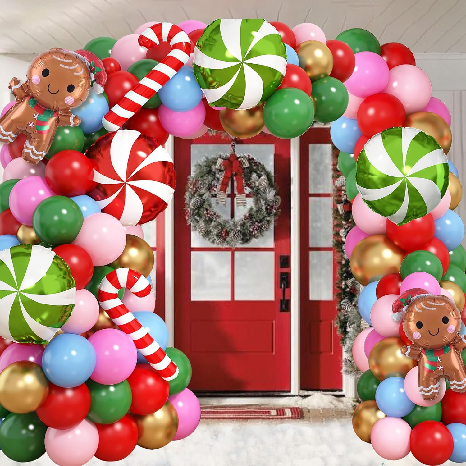 Christmas Balloons Garland Arch Kit 113Pcs Xmas Balloon Arch Pink Blue Red Green Gold With Gingerbread Man Candy Cane Foil Balloons For New Year Gender Reveal Gingerbread House Party Decorations