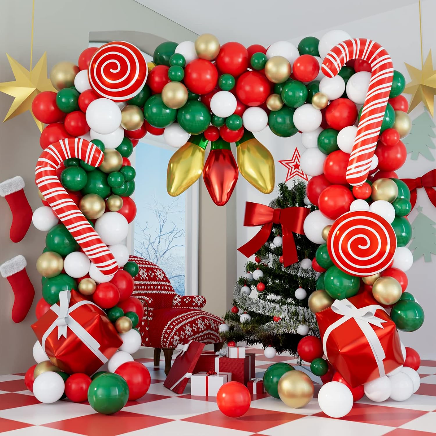 Balloons 152Pcs Garland Kit For Christmas, Red, White, Green, Gold, Candy Cane, Gift Box, Light Bulb Foil Balloons, Decorations, Party Supplies
