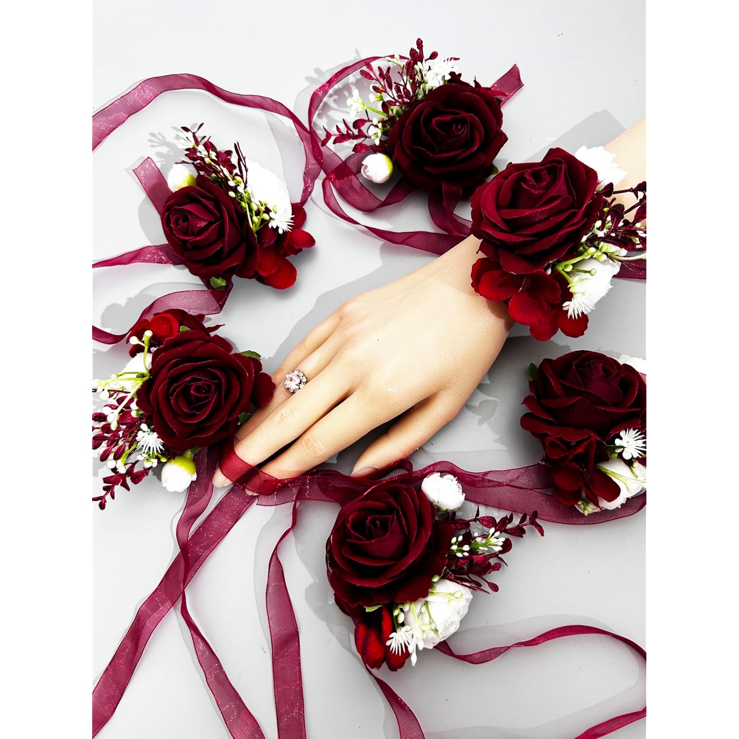 6Pcs/Lot Artificial Rose Flowers Groom Boutonniere Bride Wrist Corsage Bridesmaid Sister Women Hand Flower Wedding Flowers Party Decoration (Burgundy Wrist Corsage)
