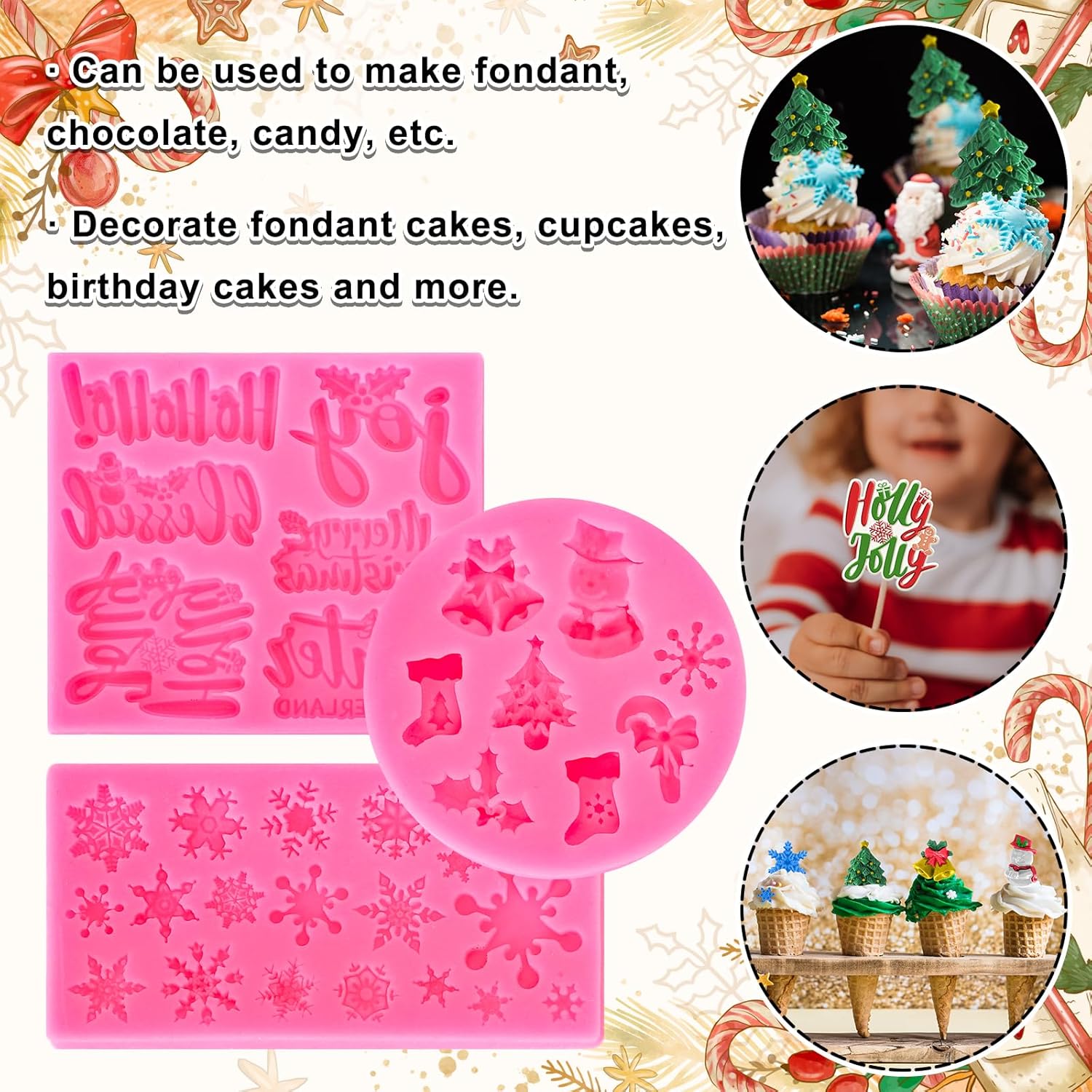 3Pcs Merry Christmas Fondant Mold Pink Assorted Snowflake Silicone Mold Blessed Words Joy Holly Jolly Chocolate Candy Mould For Xmas Winter Party Cupcake Sugar Craft Gum Resin Clay