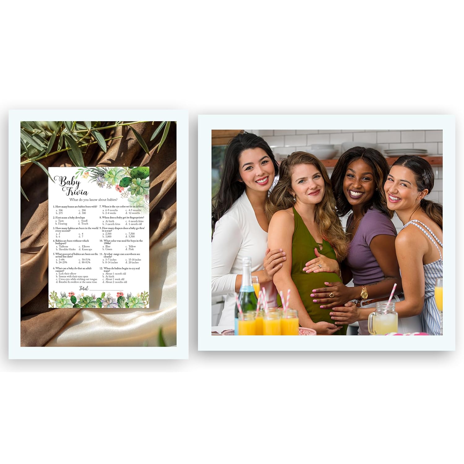 Succulents Baby Shower Games — Baby Trivia Game — Pack Of 25 — Fun Facts Floral Greenery Succulent Theme Co-Ed Couples Shower Activity, Rustic Gender Neutral Reveal Party G300-Trv