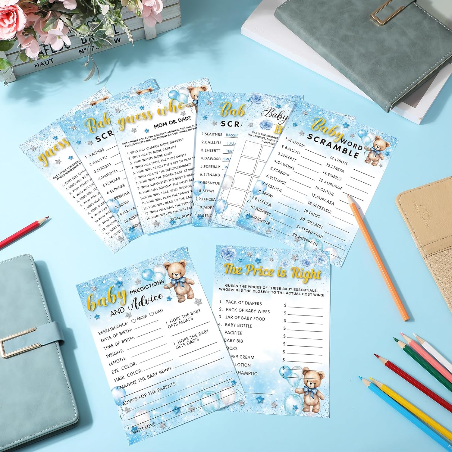 302 Pcs Bear Baby Shower Games Set 6 Games Include Baby Shower Word Scramble Word Search Predictions And Advice The Price Is Right Guess Mom Or Dad(Blue Bear)