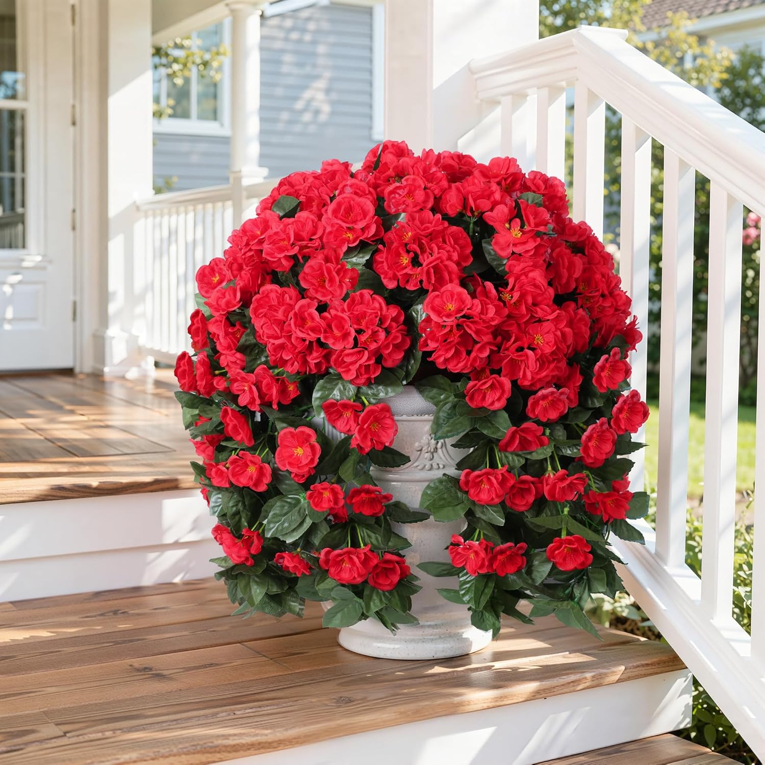 Artificial Geraniums Flowers For Outdoors Faux Hanging Plants Spring Outside Decor, 2 Pcs Uv Resistant Red Fake Silk Flowers Long Trailing Vines Look Real For Outdoor Planters Patio Porch Garden Home