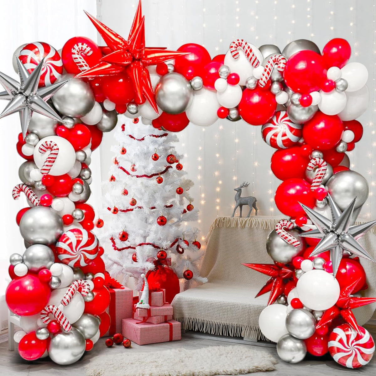 171 Pcs Christmas Balloon Garland Arch Kit With Red,White,Metallic Silver Balloons Candy Foil,Candy Cane Balloons For Christmas Party Decorations