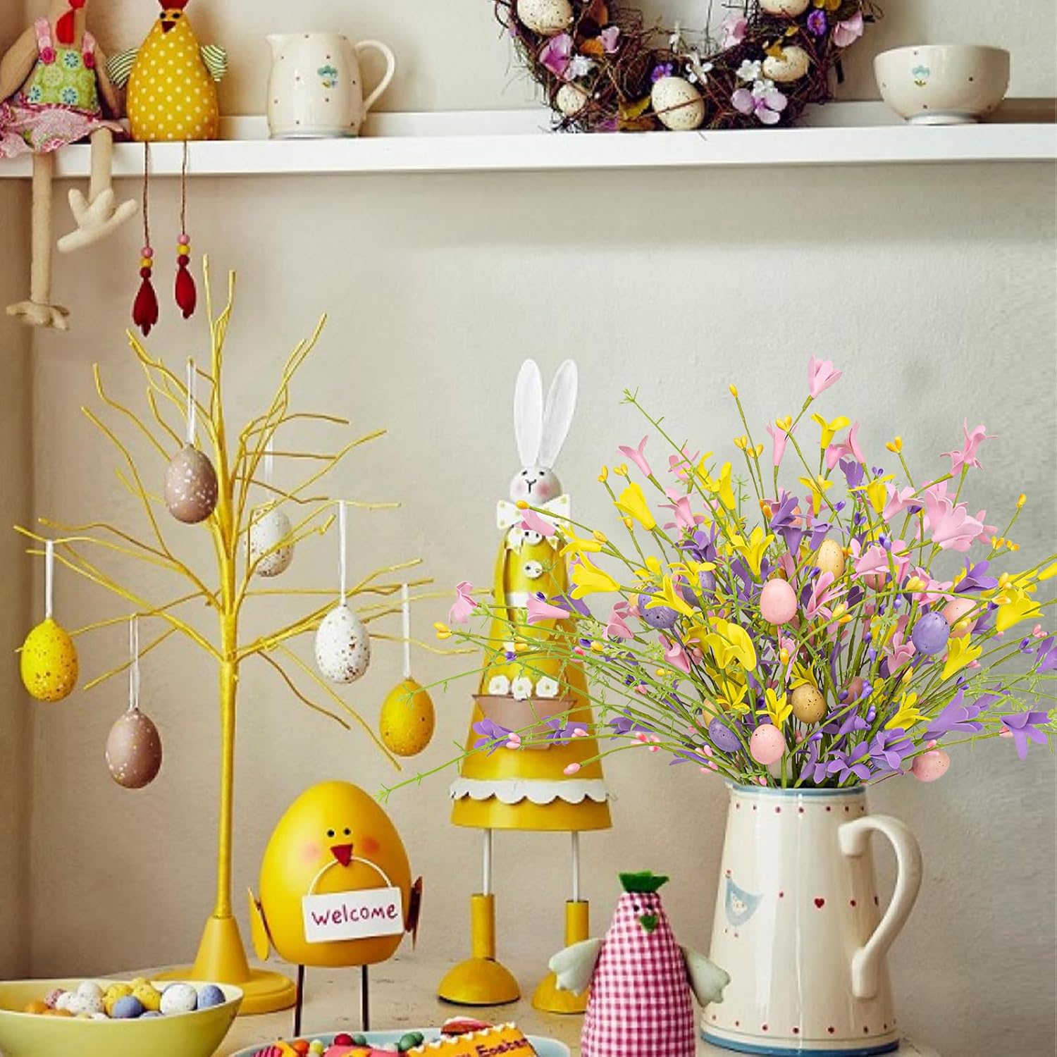 Easter Flower Decorations 12 Pack Easter Egg Picks Artificial Forsythia Flowers With Eggs For Floral Arrangements Table Centerpieces