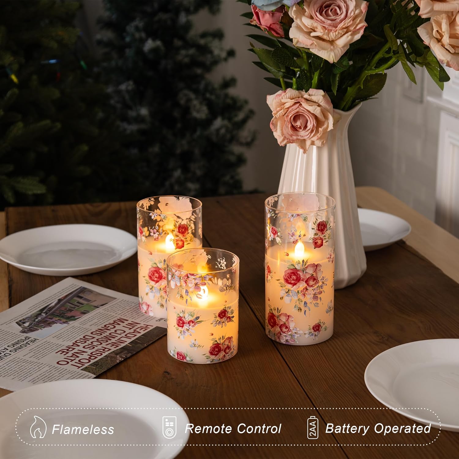 Rose Flameless Glass Candles With Remote, Real Wax 3D Wick Flame Battery Operated Led Candles With Love Pink Rose, For Romantic Special Night, Pink Roses House Decor, Set Of 3