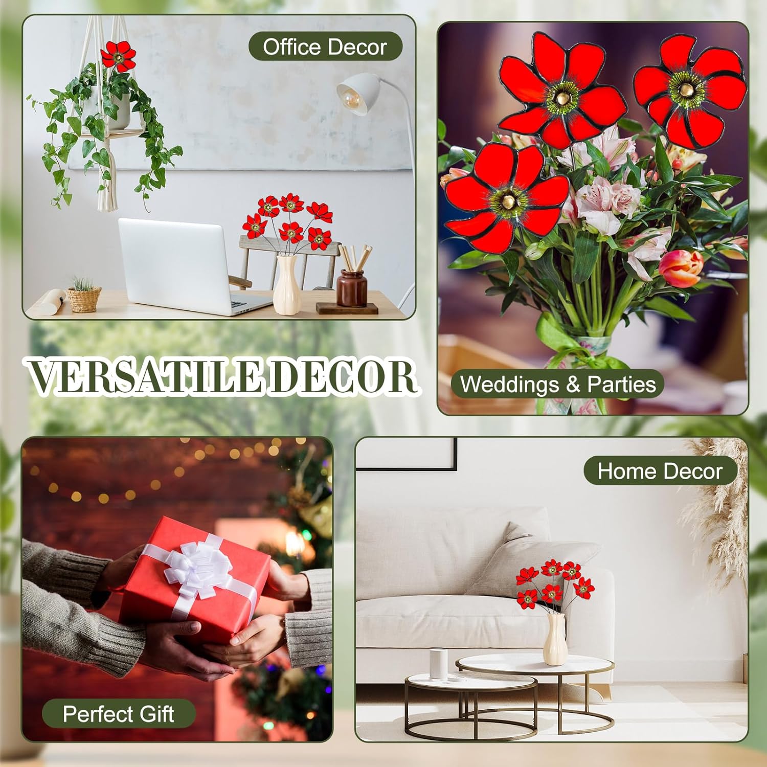 6 Pcs Stained Glass Flowers With Stems 17 Inch Red Flower Bouquets Faux Flower Floral For Mom Birthday Gifts Home Garden Christmas Decor(No Vase)