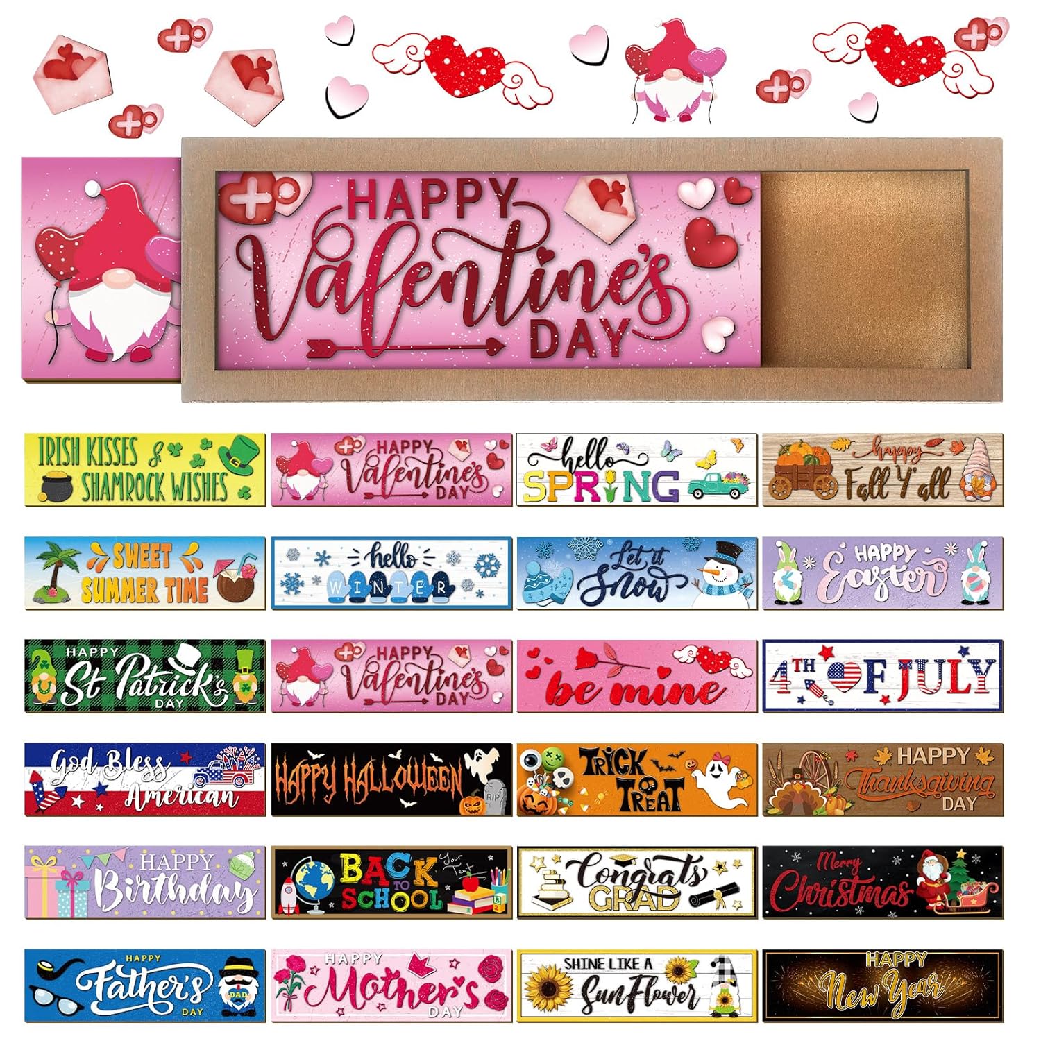 25 Pcs Valentines Interchangeable Seasonal Decor Interchangeable Welcome Sign With A Wood Frame Seasonal Wooden Welcome Sign Holiday Table Decor For Winter Valentines Easter Decoration