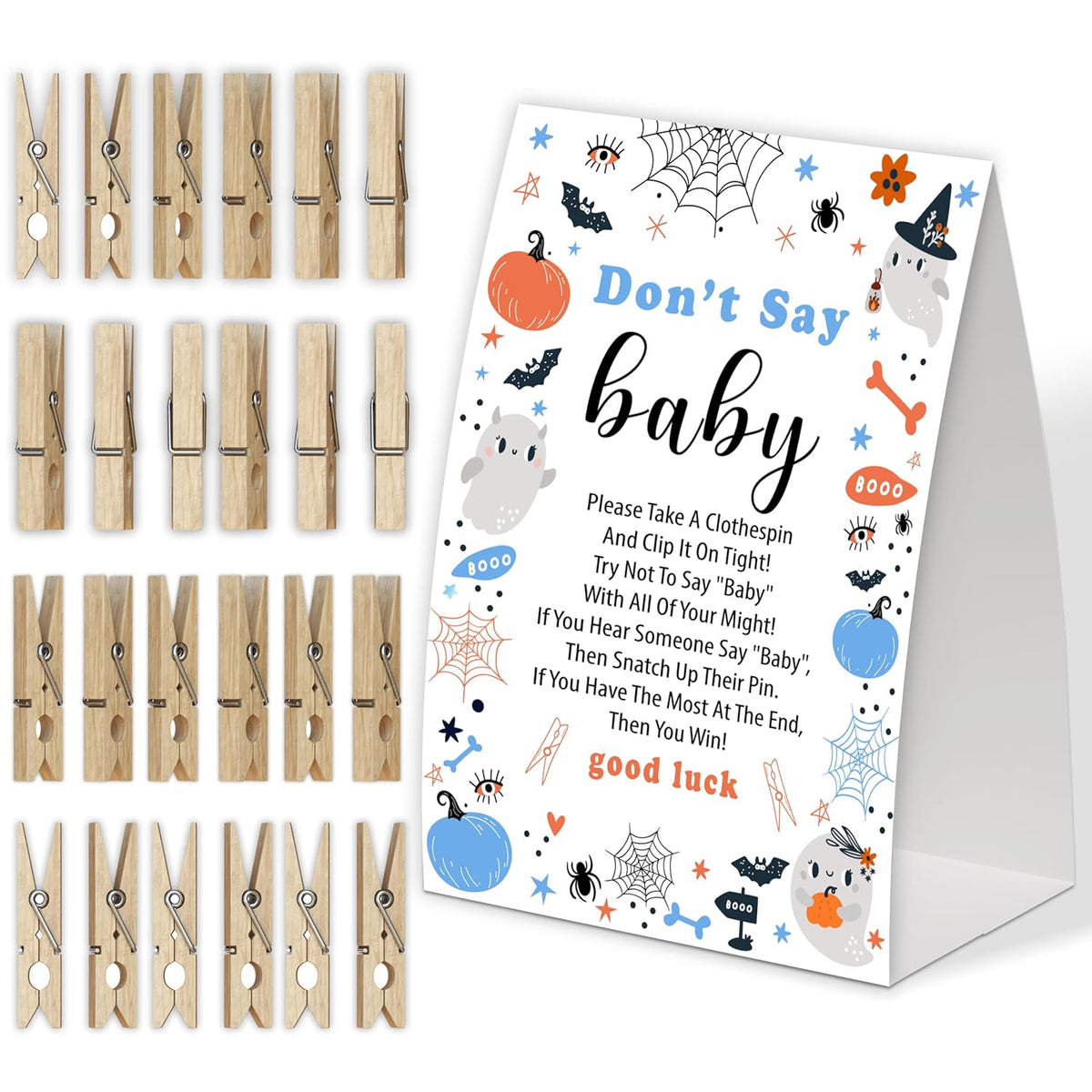 Halloween Don'T Say Baby Game For Baby Shower, Pack Of One 5X7 Sign And 50 Mini Natural Clothespins, Little Boo Baby Shower Decoration, Gender Neutral Party Supplies - Sc40