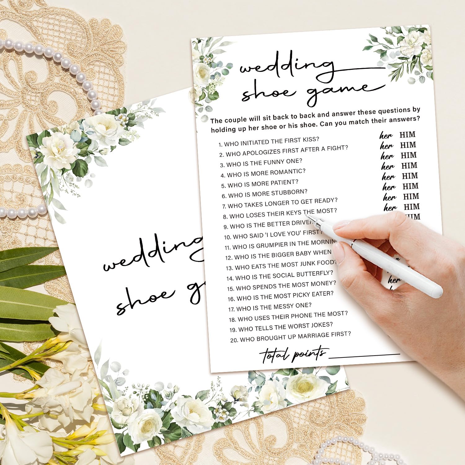 Eucalyptus Bridal Shower Games 30 Guests, Wedding Shoe Bridal Games For Showers, White Rose Wedding Engagement Party Activity Party Supplies/Green-07