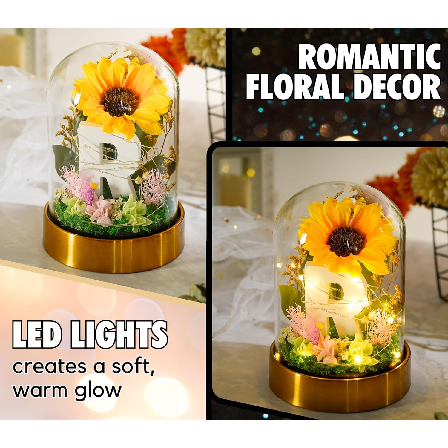 Initial Sunflower Gifts For Women, Sunflowers Artificial Flowers In Glass Dome 4.72 * 7.87, Gifts For Xmas, Valentine Day, Mothers Day, Anniversary - Initial S