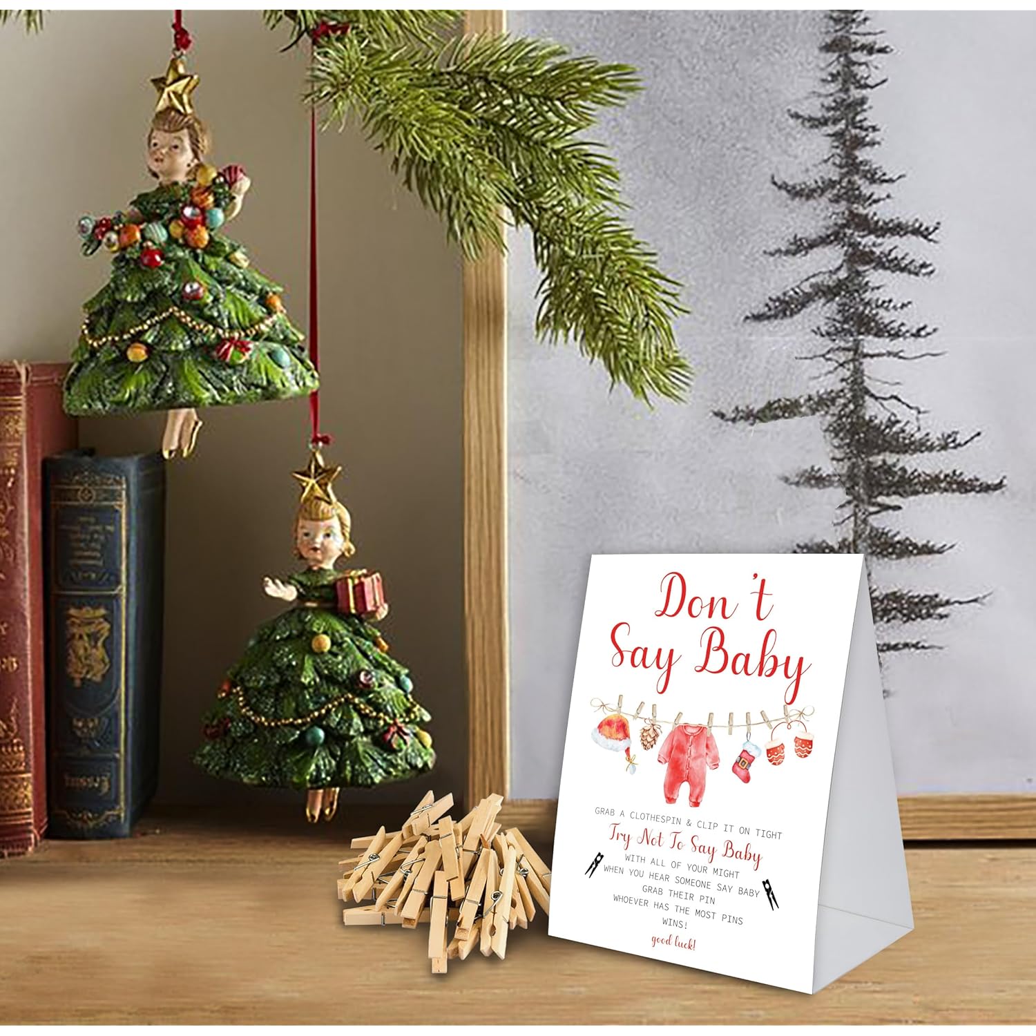 Don'T Say Baby Game, Christmas Baby Shower Game,Winter Baby Shower, 50 Wooden Clothespins And One Sign, Christmas Baby Shower Decorations, Christmas Gender Reveal-Dsbb07