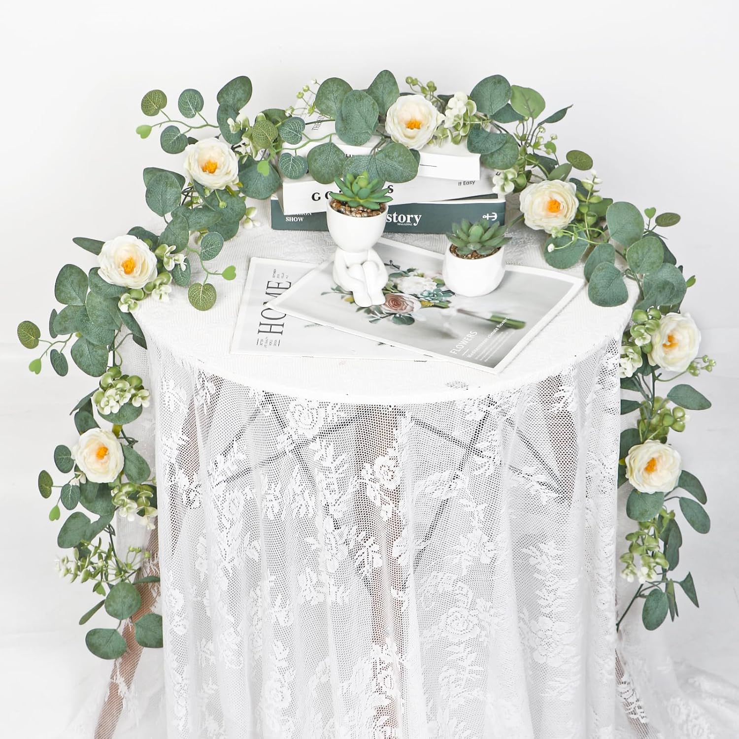 2 Pack 13Ft Artificial Eucalyptus Flower Garland With White Roses, Fake Rose Flower Greenery Garland Floral Vines For Wedding Home Party Table Runner Decor (2Pcs, White)