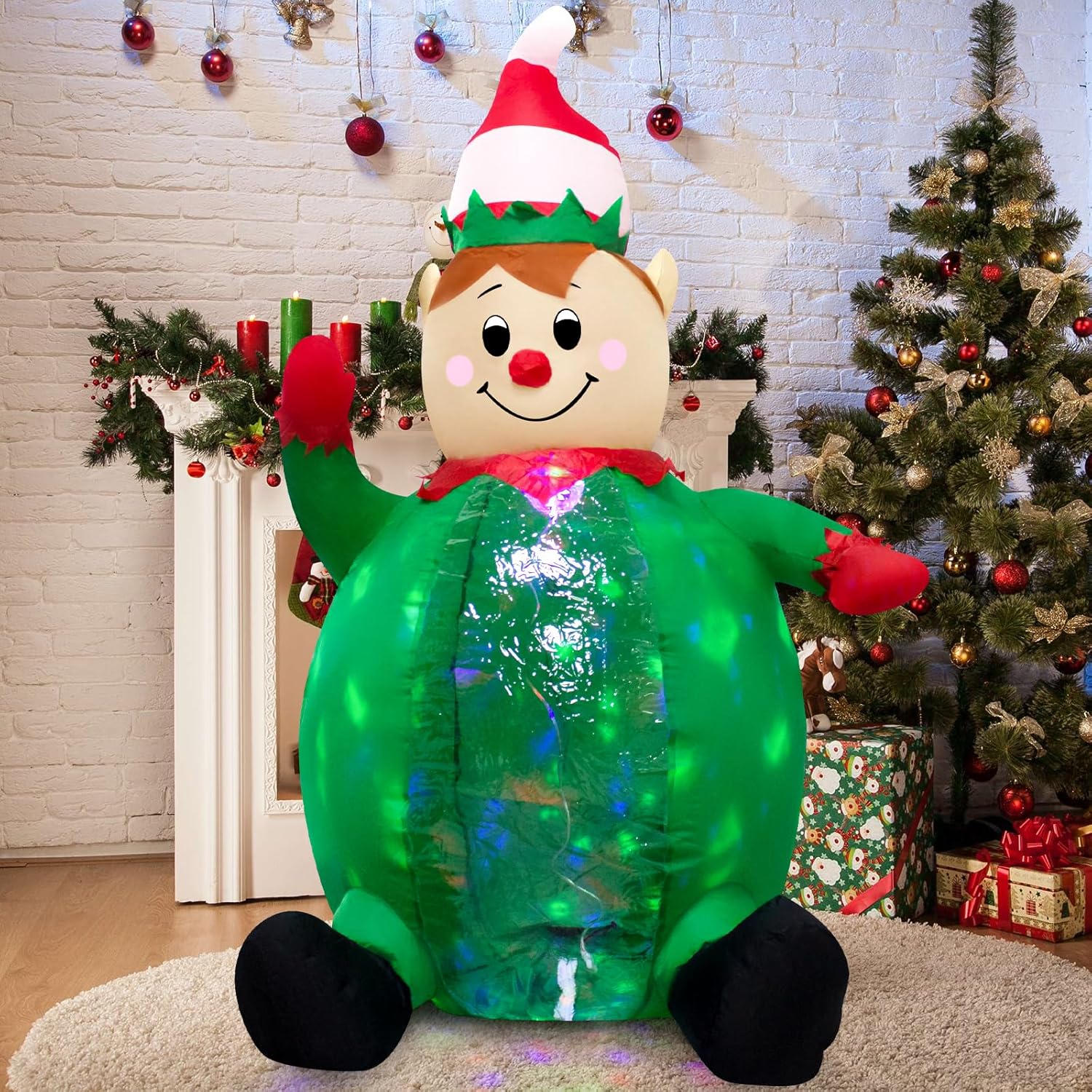 4Ft Christmas Inflatable Elf Indoor Outdoor Decoration,Green Elves Clown With Led Rotating Light Yard Blow Up For Christ