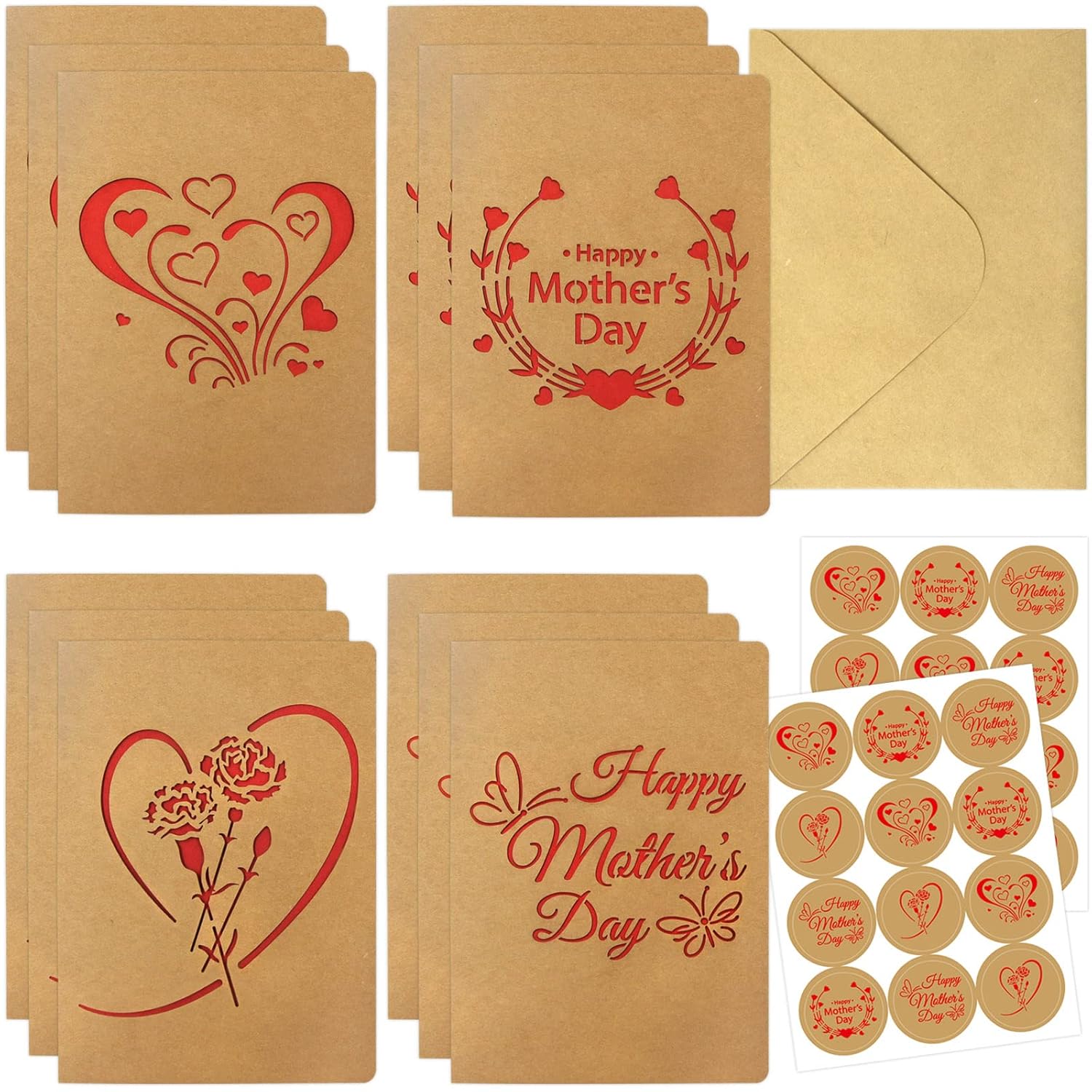 Mothers Day Cards Die Cut 12 Pcs Happy Mother’S Day Kraft Cards With Envelopes And Stickers Mothers Day Gifts