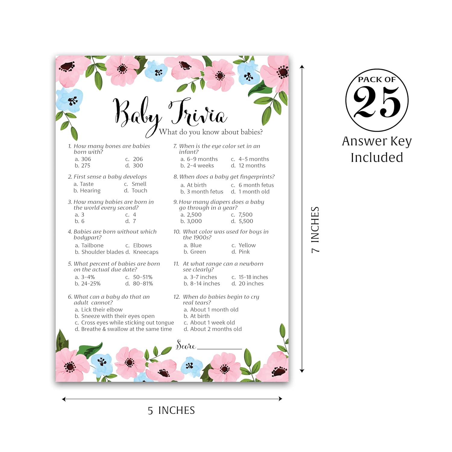 Gender Reveal Party Game — Baby Trivia Game — Pack Of 25 — Pink Or Blue Fun Baby Facts Games, Blue Or Pink Trivia Gender Neutral Floral Baby Shower Games Activities, Coed Couples Shower, Sku G750-Trv