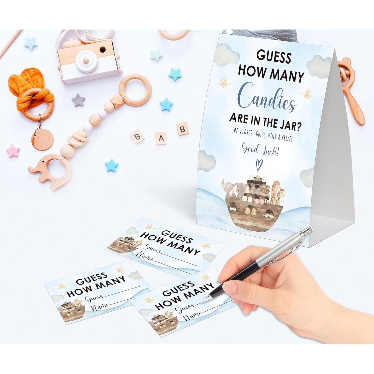 Noah'S Ark Guess How Many Candies Are In The Jar Game For Baby Shower, Pack Of One 5X7 Sign And 50 Guessing Cards, Boho Animals Baby Shower Decoration, Gender Neutral Party Supplies - Gc09