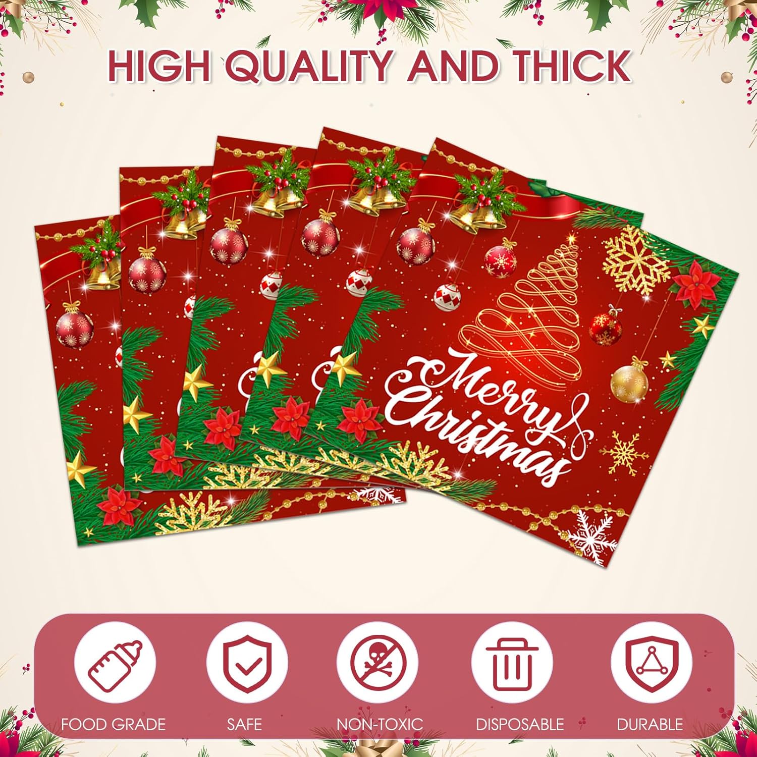 100 Pcs Merry Christmas Dinner Napkins For Christmas Theme Party Decorations, Disposable Red Gold Xmas Tree Xmas Ball Luncheon Paper Napkins For Winter Celebration Supplies 13X13 Inches