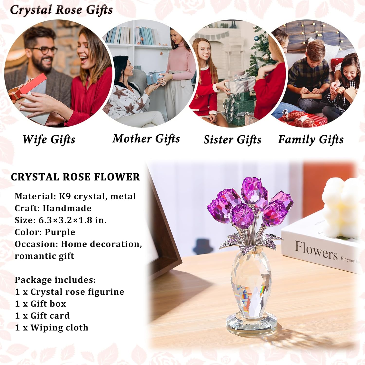 Crystal Purple Rose Flower Bouquet Figurine With Vase, Handmade Glass Rose Flower Gifts For Women On Mother'S Day Anniversary, Crystal Flowers With Stem Home Table Decor For Christmas