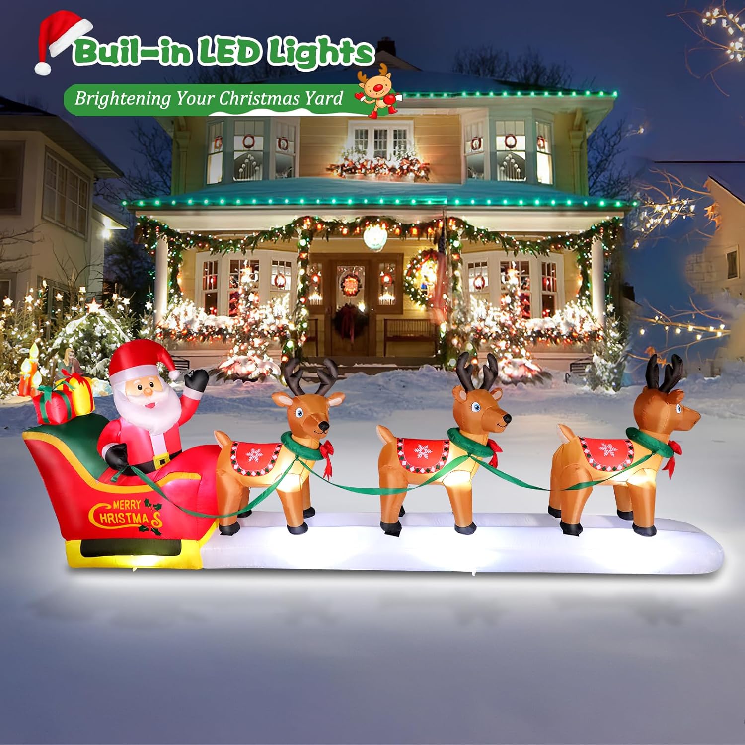 12Ft Long Christmas Inflatables Santa Claus On Sleigh With 3 Reindeer Yard Decoration, Cute Blow Up Santa Xmas Decor Wit