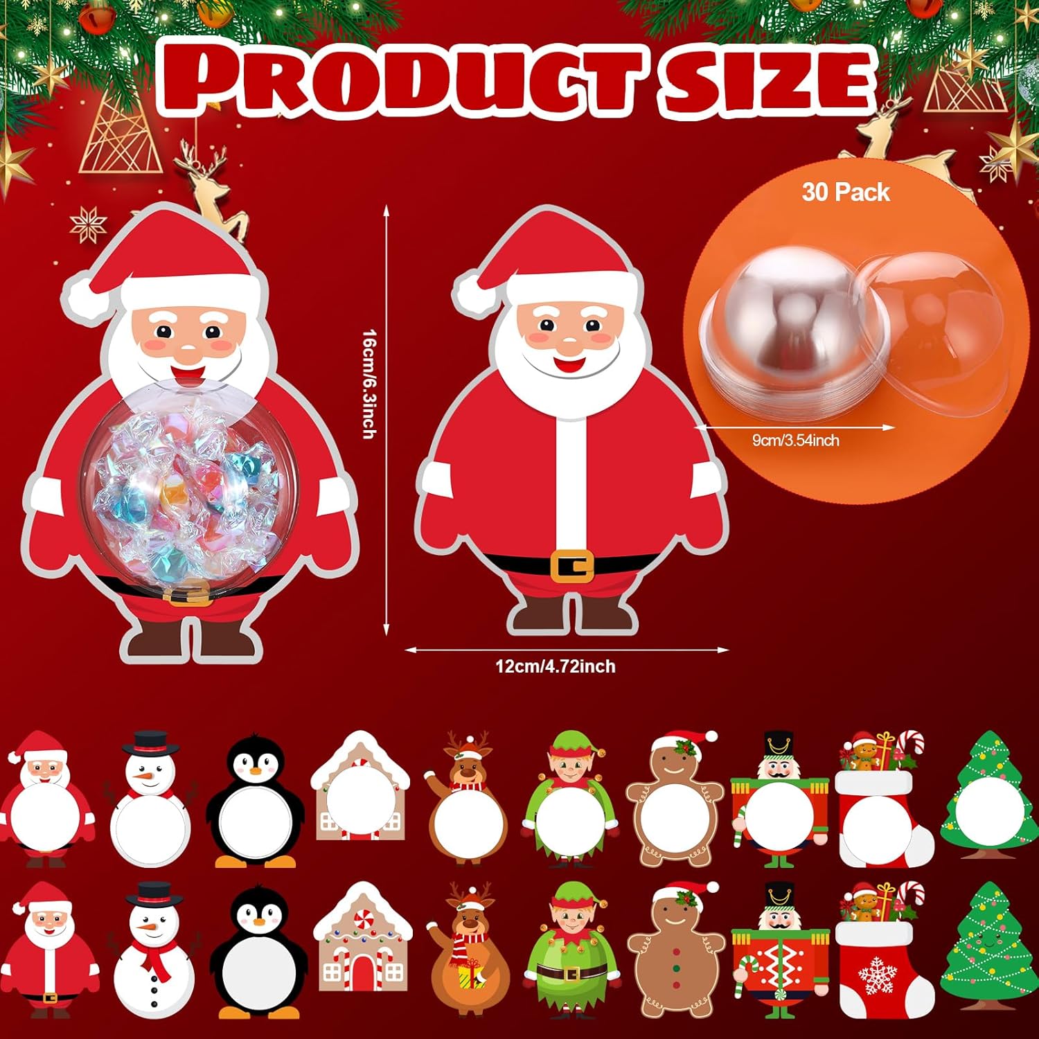 30 Set Christmas Candy Dome Holder Cards Xmas Candy Treat Holder Clear Plastic Ornaments Shaker Cards Pouches Chocolate Holder For Party Favors Diy Gift Rewards School Supplies