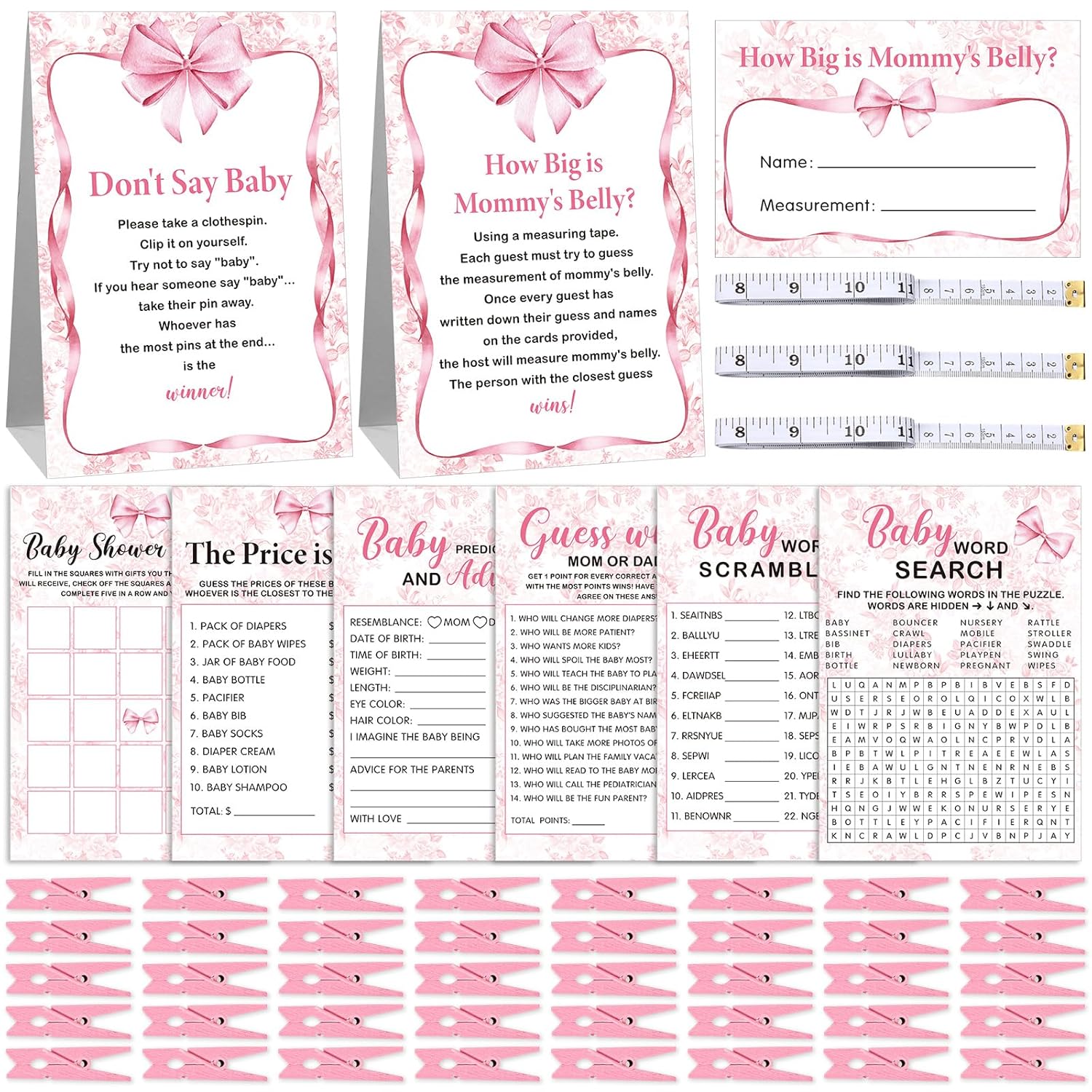 407 Pcs Coquette Pink Bow Baby Shower Games, 8 Games, Baby Shower, Word Scramble, Word Search, Predictions And Advice, The Price Is Right, How Big Is Mommy'S Belly