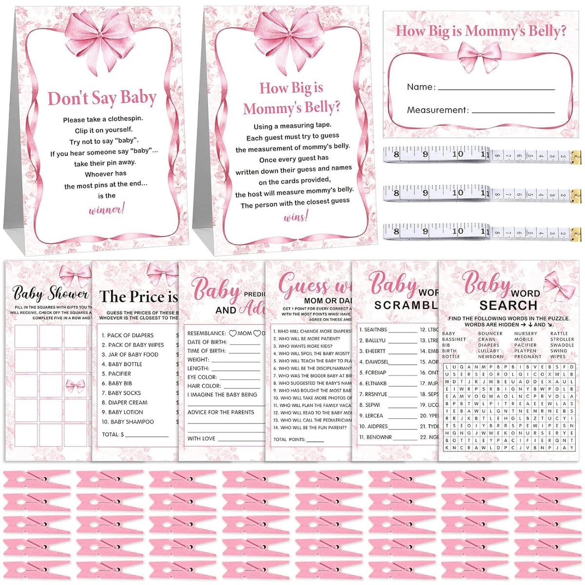 407 Pcs Coquette Pink Bow Baby Shower Games, 8 Games, Baby Shower, Word Scramble, Word Search, Predictions And Advice, The Price Is Right, How Big Is Mommy'S Belly