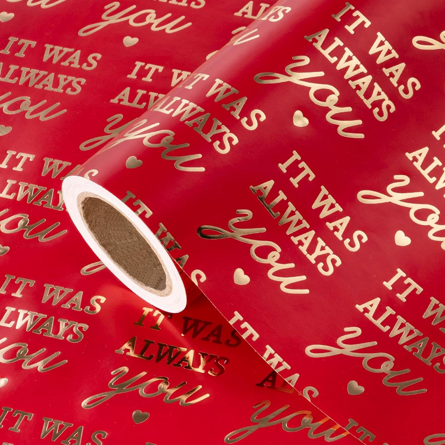 Valentines Day Wrapping Paper Roll - Mini Roll - 17 Inch X 16.5 Feet - Red Wrapping Paper With Gold Foil It Was Always You For Valentine'S Day, Anniversary, Birthday, Wedding