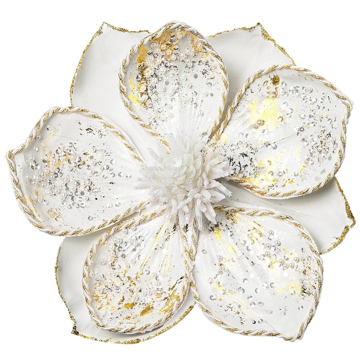 8’’ Large Heads Christmas Glitter Magnolia Flowers Christmas Tree Ornaments Set Of 4 Artificial Flowers With Picks Stems For Xmas Tree Holiday Decorations,White