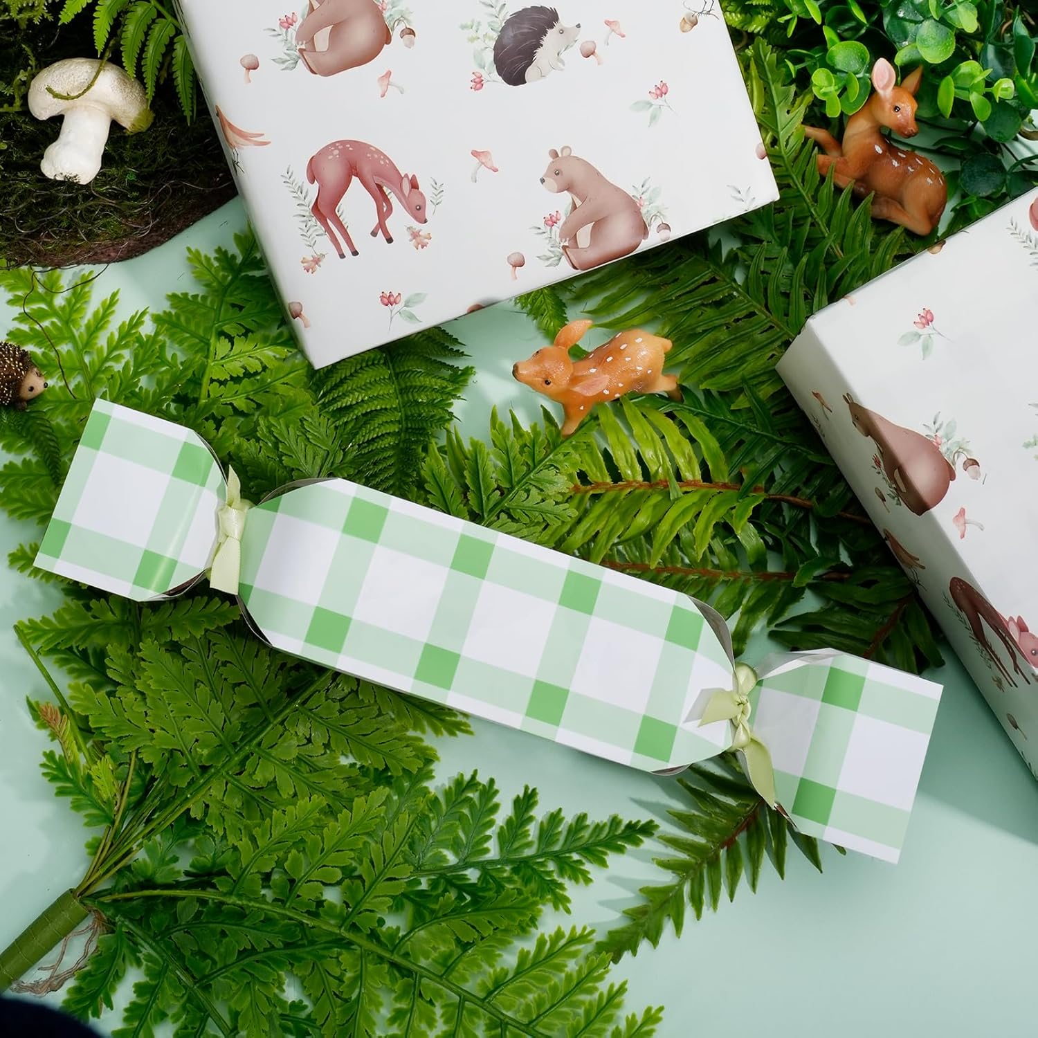 Reversible Baby Shower Wrapping Paper Mini Roll, Woodland Animals And Plaid Design For Neutral Baby Showers, Boys Girls And First Birthday, 17" X 33'(46.7 Sq. Ft)