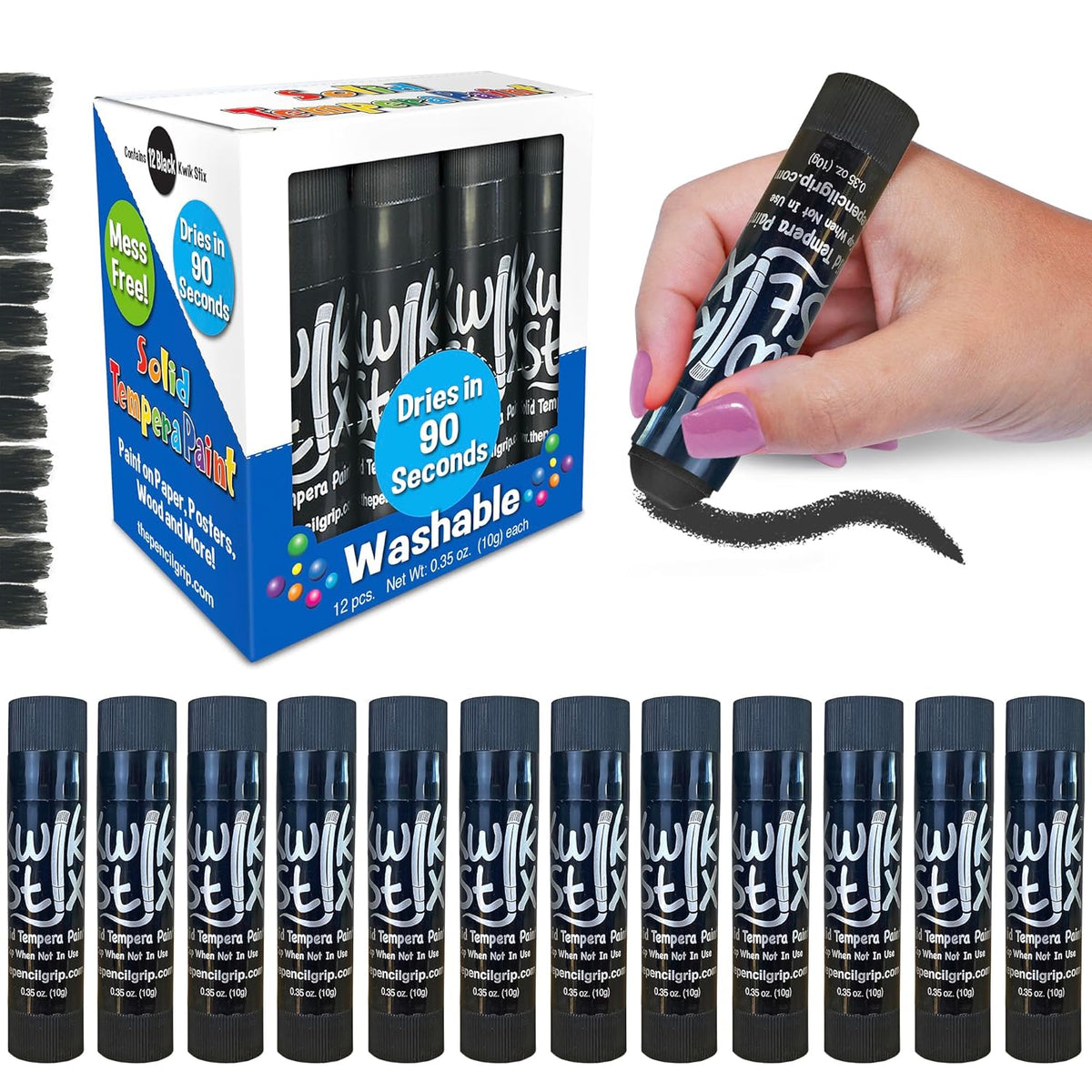 Black, 12 Black Solid Tempera Paint Sticks, Quick Drying