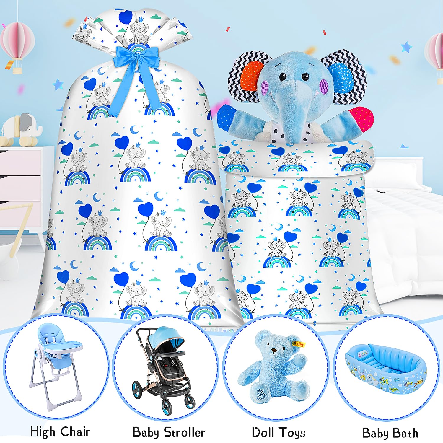 Extra Large Baby Gift Bag Baby Shower Bag Jumbo Giant,Xl Blue Elephant Rainbow Big Oversized Huge Gift Bag For Present Bluey Gift Wrap Plastic Bike Wrapping Bag For Large Gifts For Baby Boy(48Inch Blue 1Pack)