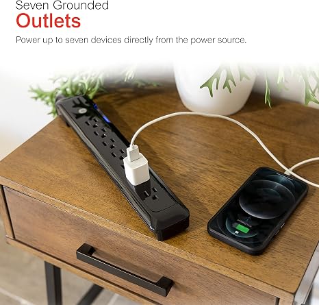 GE 7 Outlet Surge Protector 4FT Extension Cord 1080J Flat Plug Black