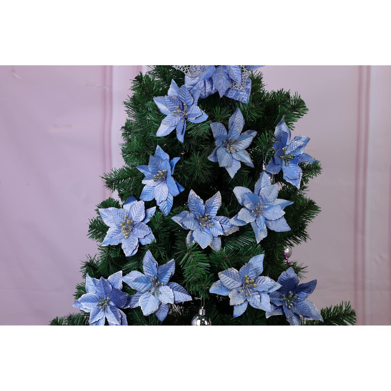 Christmas Glitter Poinsettia Christmas Tree Ornaments Pack Of 12 (Blue)