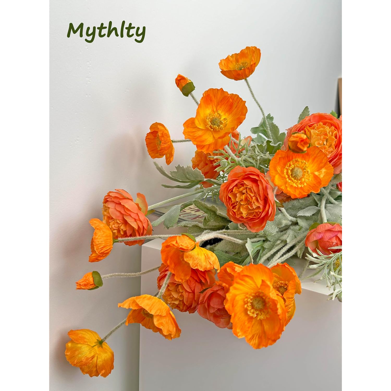 Set Of 6 Poppies Flowers Artificial Silk Flowers With Long Stems Faux Wildflowers Bouquet For Vases Oil Pastel Style For Wedding Party Indoor Home Office Decor (Orange)