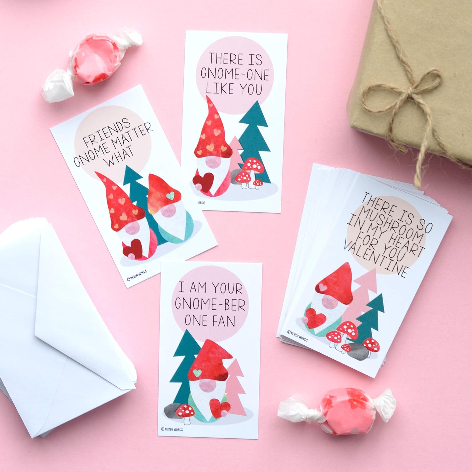 Mini Gnome Valentines (Wallet-Sized Cards With Tiny Envelopes) For Valentine'S Day (Set Of 24)