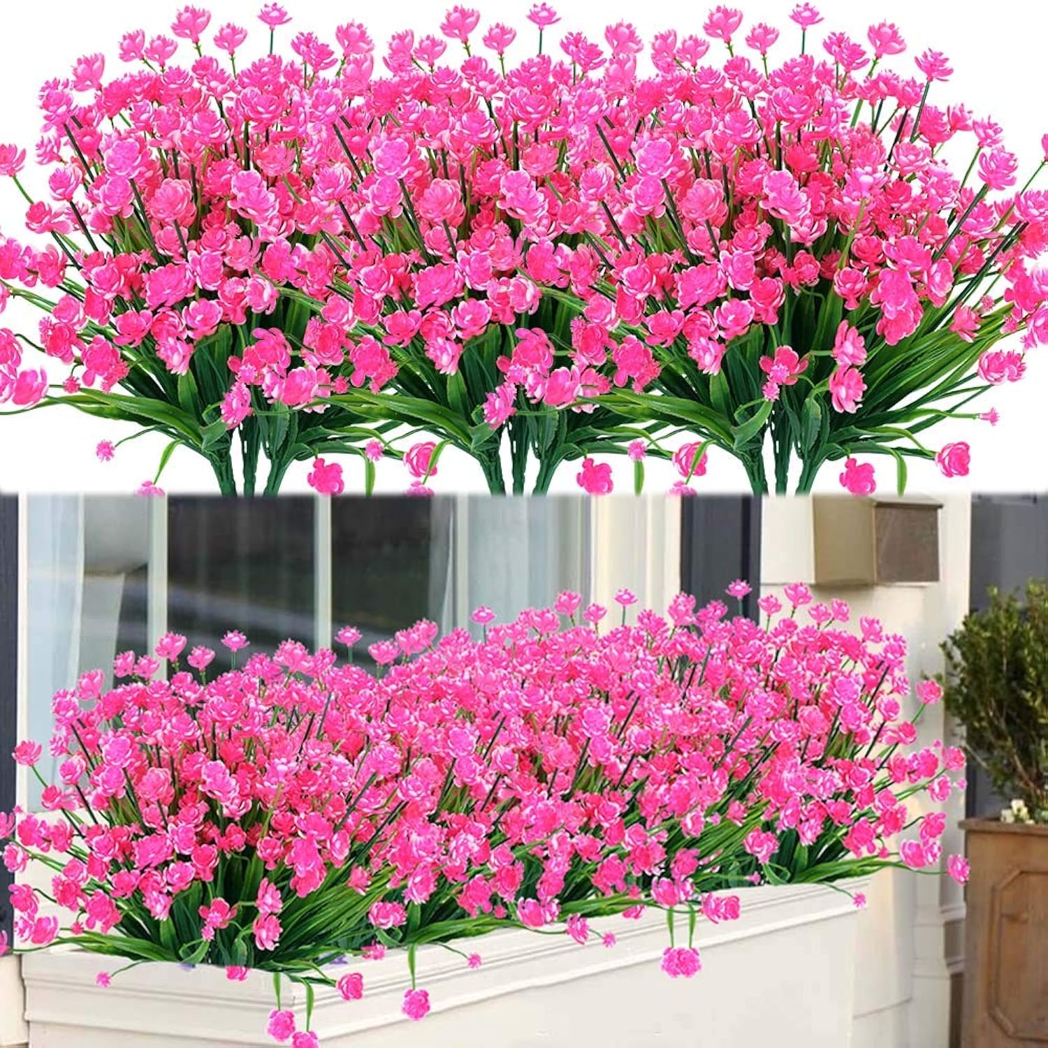8 Bundles Outdoor Artificial Fake Flowers Uv Resistant Shrubs Plants, Faux Plastic Greenery For Indoor Outside Hanging Plants Garden Porch Window Box Home Wedding Farmhouse Decor (Pink)