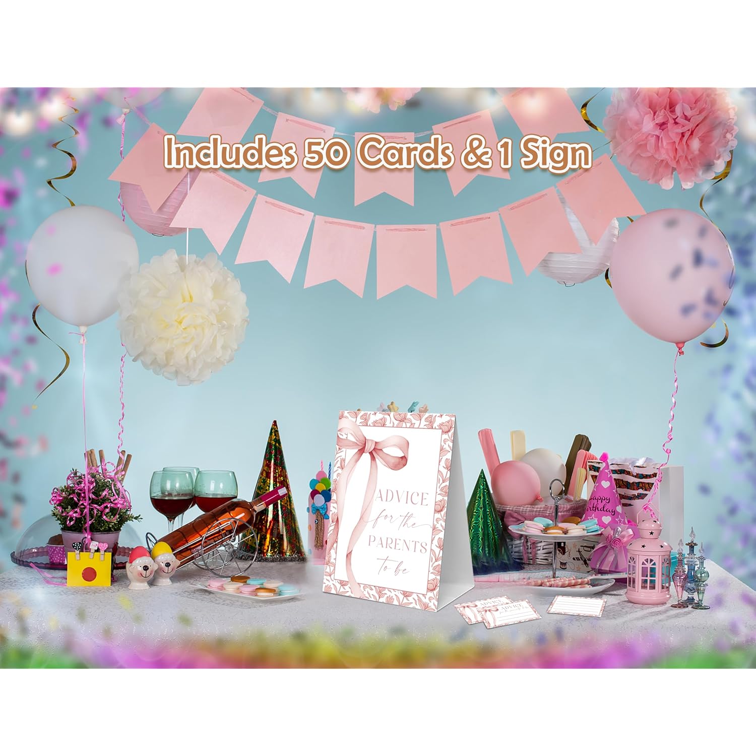 Pink Bow Baby Shower Games, 1 Baby Shower Sign And 50 Baby Shower Advice Cards, Gender Reveal Gifts For Parents To Be, Baby Shower Decor For Baby Shower And Gender Reveal Party, Baby Shower Gifts-6