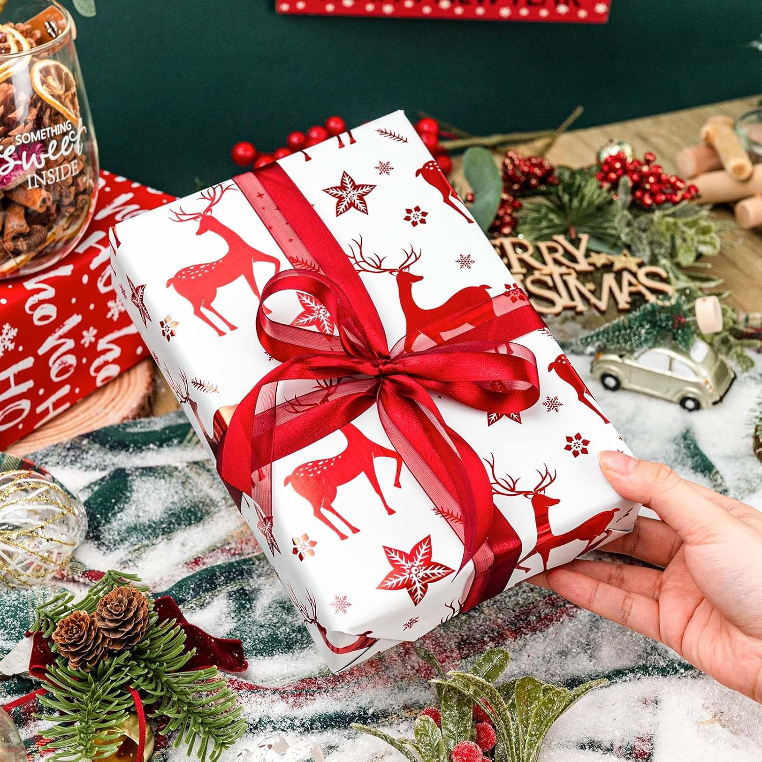 Christmas Wrapping Paper Roll - 17 Inches X 32.8 Feet - Metallic Red Reindeer Ho Lettering Mini Roll Gift Wrap Paper For Winter Holiday Festive Party Celebrations