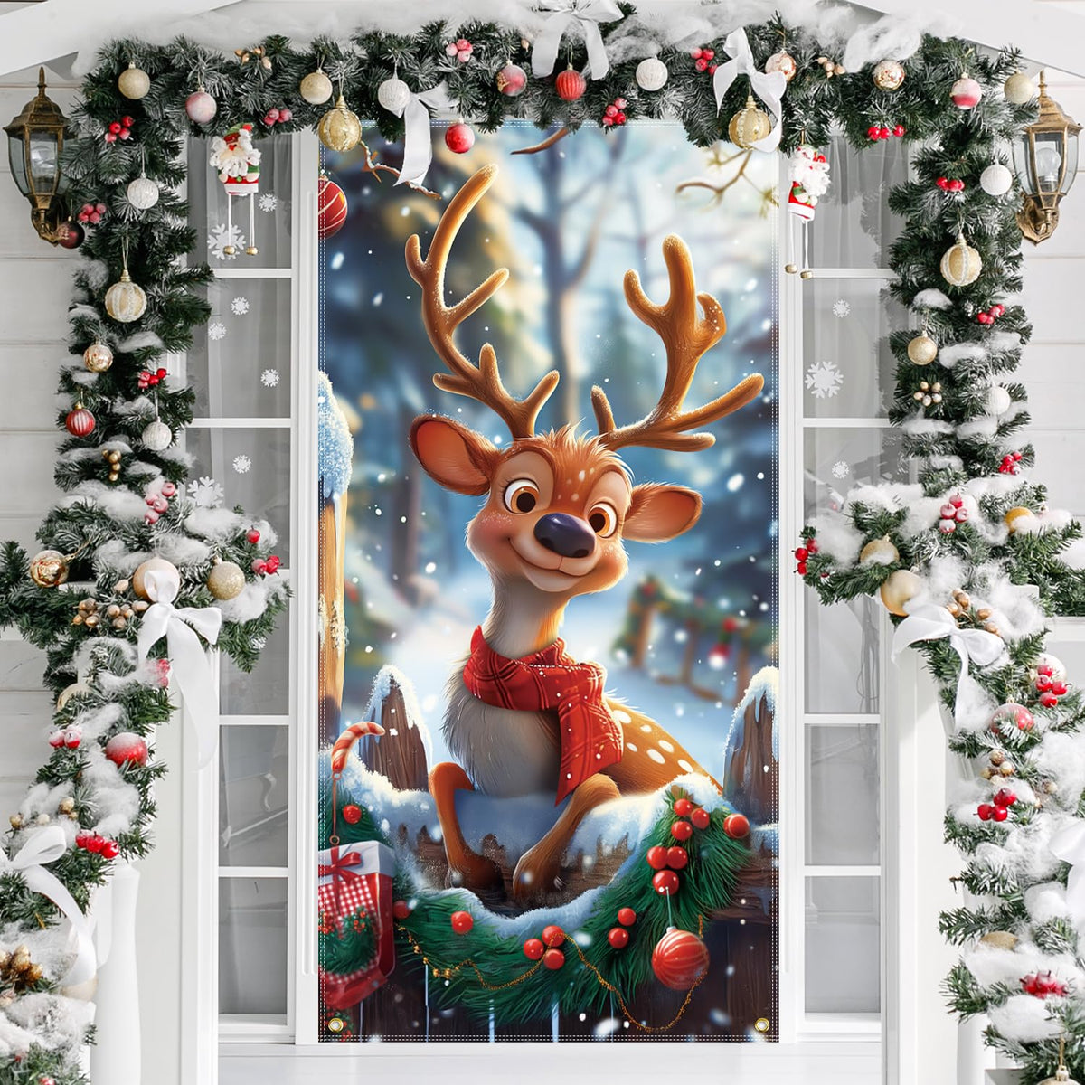 Christmas Door Cover Reindeer Decorations, 6Ft X 3Ft Cute Front Door Xmas Decorations Festive Fabric Door Covers Photo Booth Props