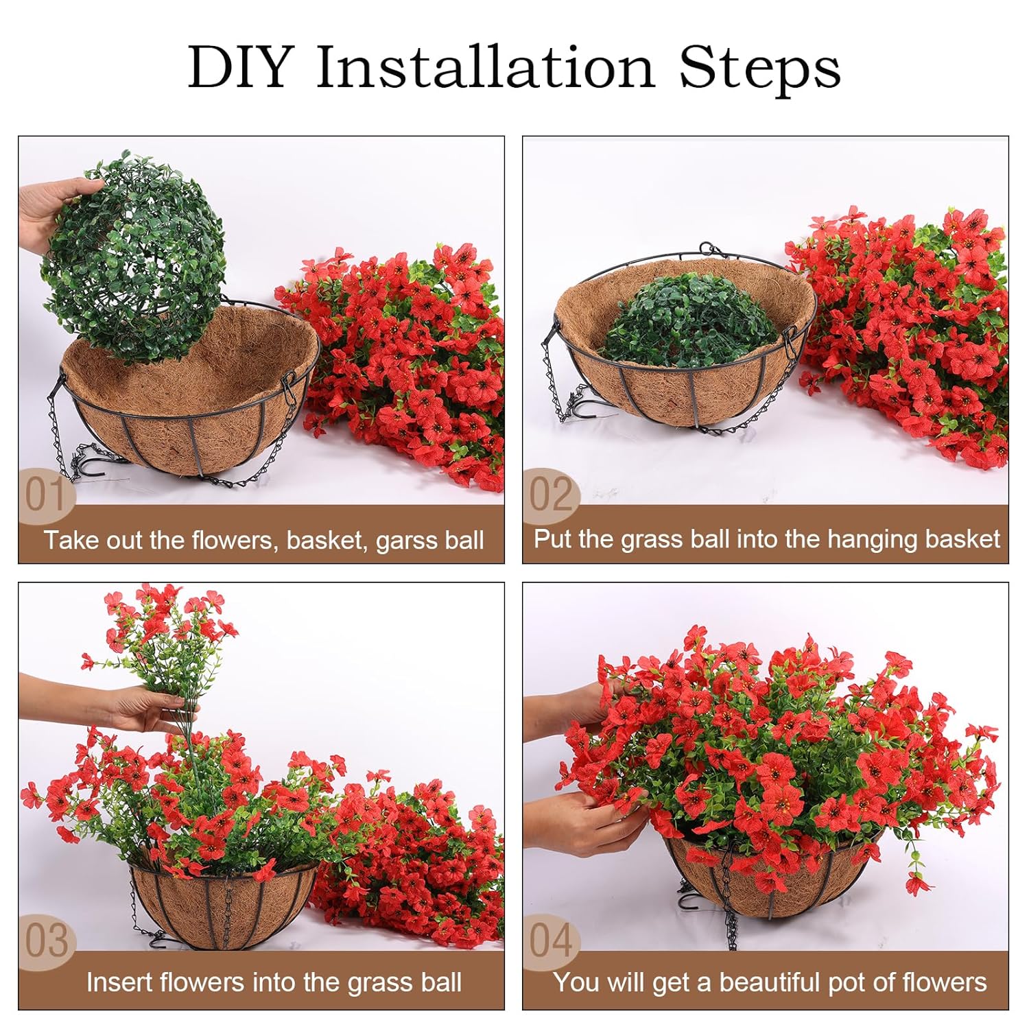 24 Pcs Artficial Outdoor Flowers With Hanging Baskets, 2 Pack Hanging Planter With Red Outdoor Spring Flowers For Christmas Porch Home Patio Yard Decor (2, Red)