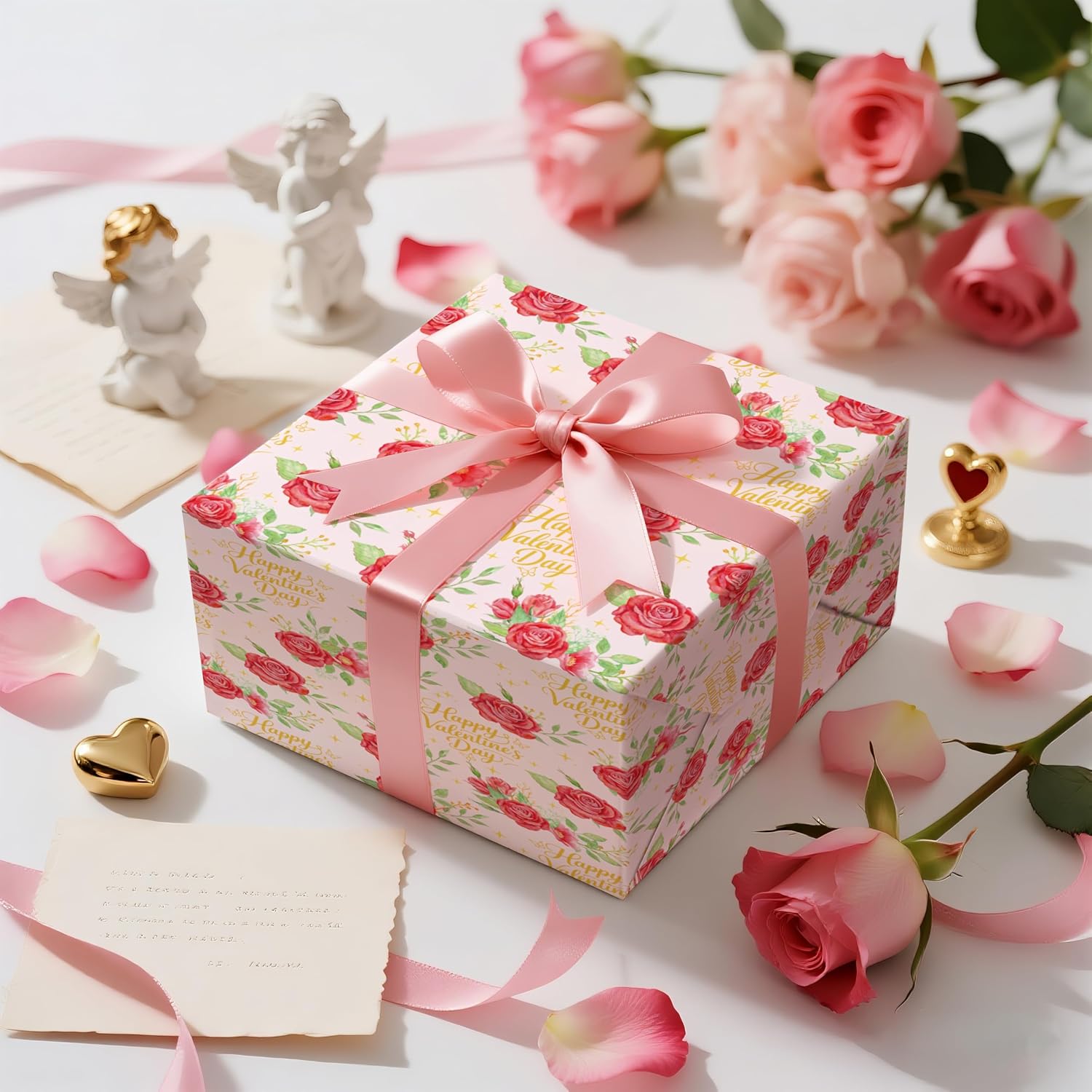 Valentines Wrapping Paper Roll, Pink With Red Rose & Gold “Happy Valentine’S Day” Lettering, Romantic Floral Gift Wrap For Wedding, Anniversary, Birthday, Party, Mini Roll 17In X 16.4 Ft
