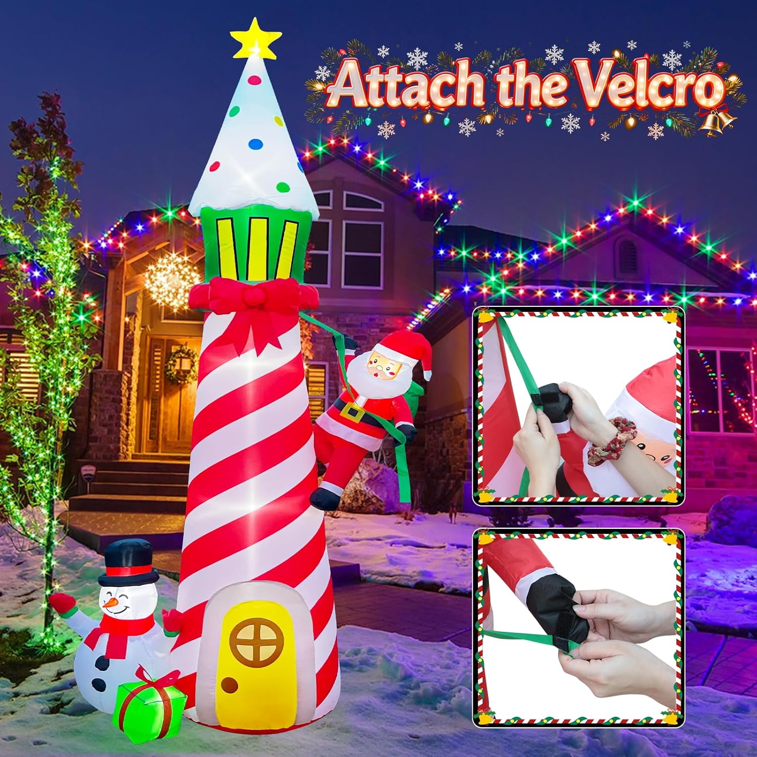9Ft Christmas Inflatable Outdoor Decoration Inflatable Lighthouse Blow Up Santa Claus And Snowman Decor With Lights For