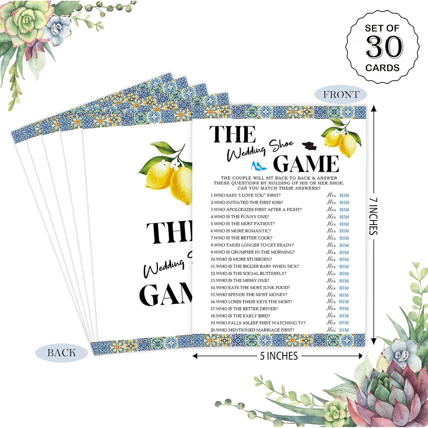 Blue Tiles And Lemons The Wedding Shoe Game For 30 Guests With Game Cards, Lemons Bridal Shower Game, Modern Bridal Shower Decorations, Wedding Shower Or Bachelorette Party Supplies - 02