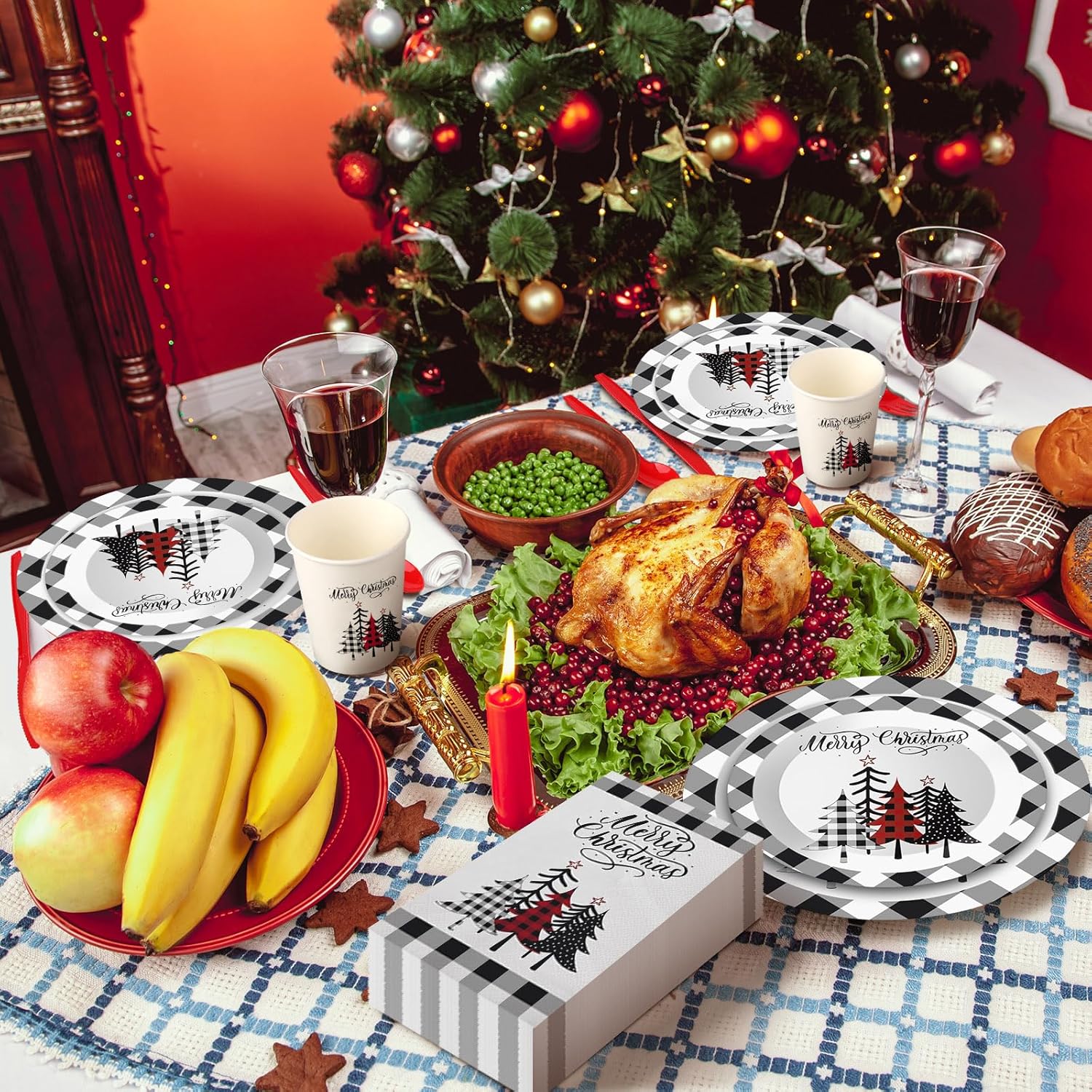 400 Pcs Christmas Dinnerware Set Disposable Christmas Plates And Napkins Set Serve 50 Winter Xmas Paper Dinner Plates Napkins Cup Xmas Party Supplies For Holiday(Black,White,Plaid)