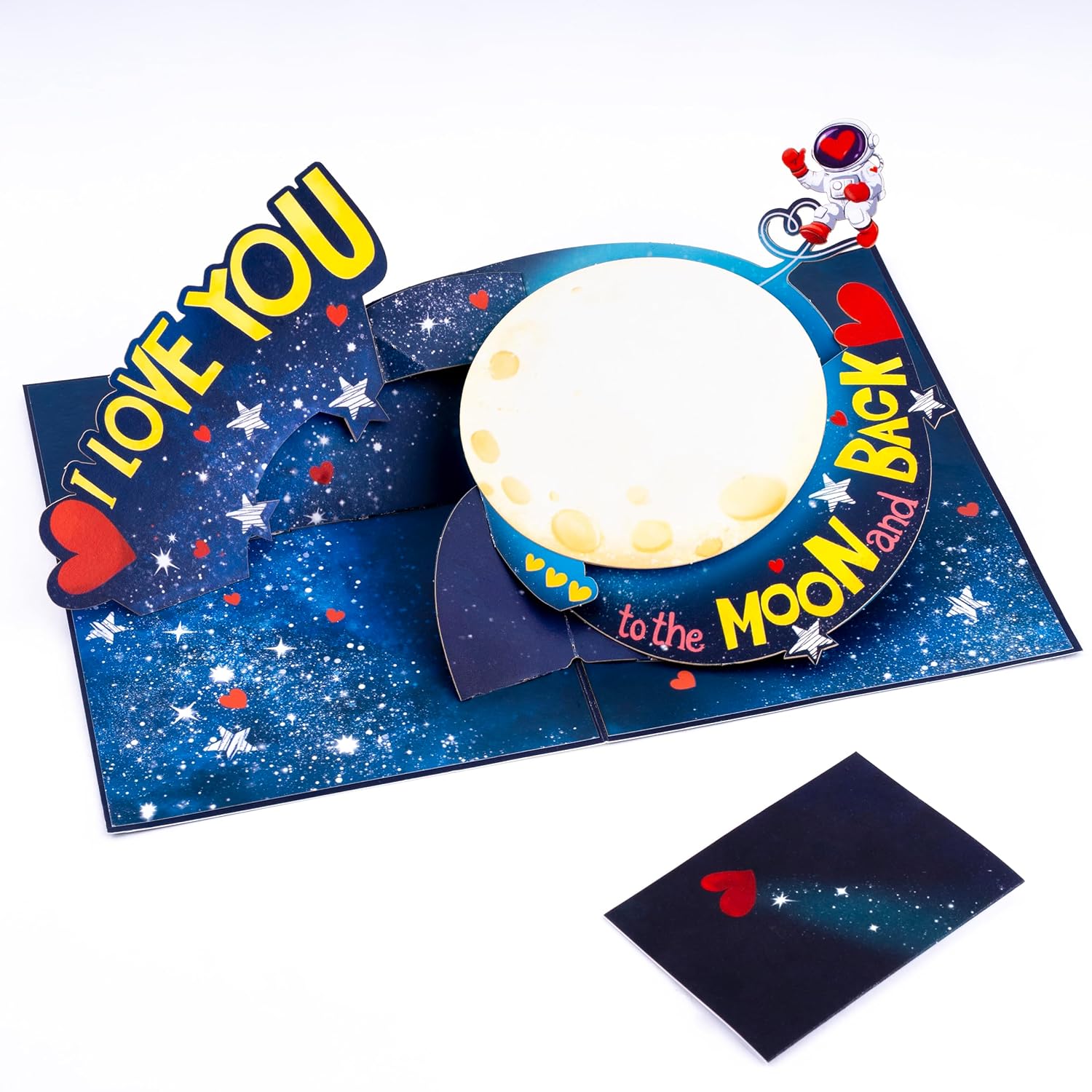 Love You To The Moon And Back Pop Up Card, Astronaus, Heart, Star, 3D Popup Greeting Cards, Gift For Valentines, Birthday, Mothers Day, Anniversary, 5X7 - Includes Envelope And Message Note
