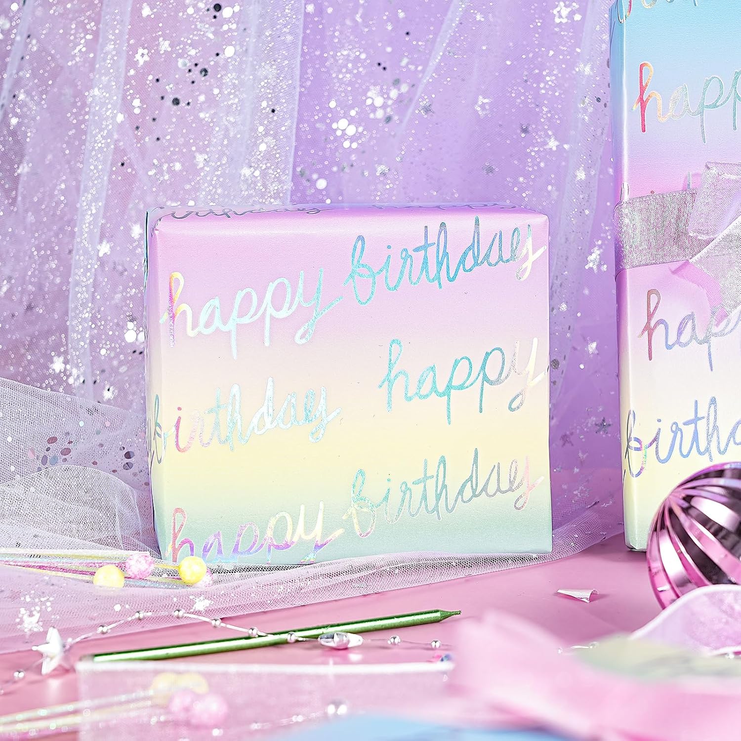Holographic Birthday Wrapping Paper Roll, Mini Roll, Iridescent Shiny Rainbow Foil Happy Birthday Text, Gradient Color Gift Wrap For Kids, Adults, Party Celebrations,17 Inches X 16.4 Feet