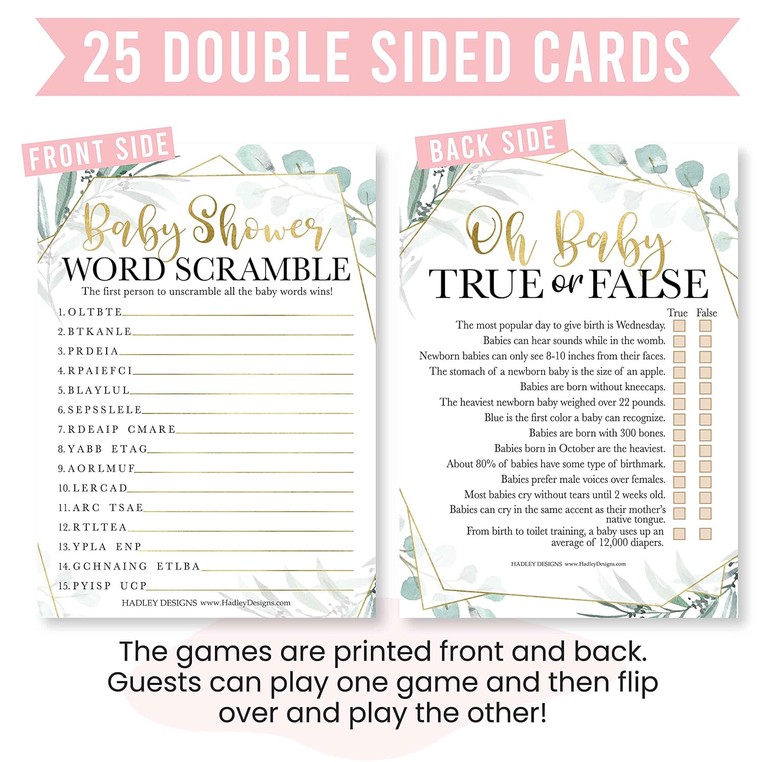 Baby Shower Games For 25 Guests - Greenery Baby Shower Game Word Scramble, True Or False, Babyshower Game Boy Girl Gender Neutral, Gender Reveal Games, Made In Usa