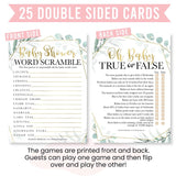 Baby Shower Games For 25 Guests - Greenery Baby Shower Game Word Scramble, True Or False, Babyshower Game Boy Girl Gender Neutral, Gender Reveal Games, Made In Usa